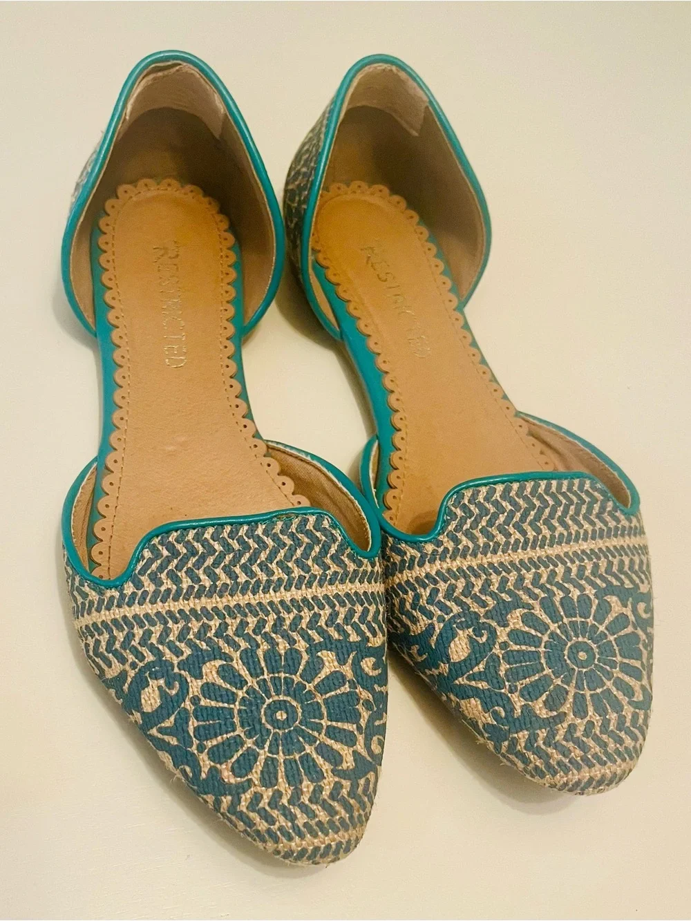 Women’s Size 8 Teal and Beige D'Orsay Flat Espandrills from Soft Surroundings